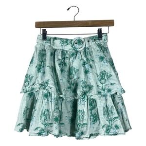 Sabo Skirt Floral Tiered Ruffle Mini Skirt Green White Boho Belted Size XS